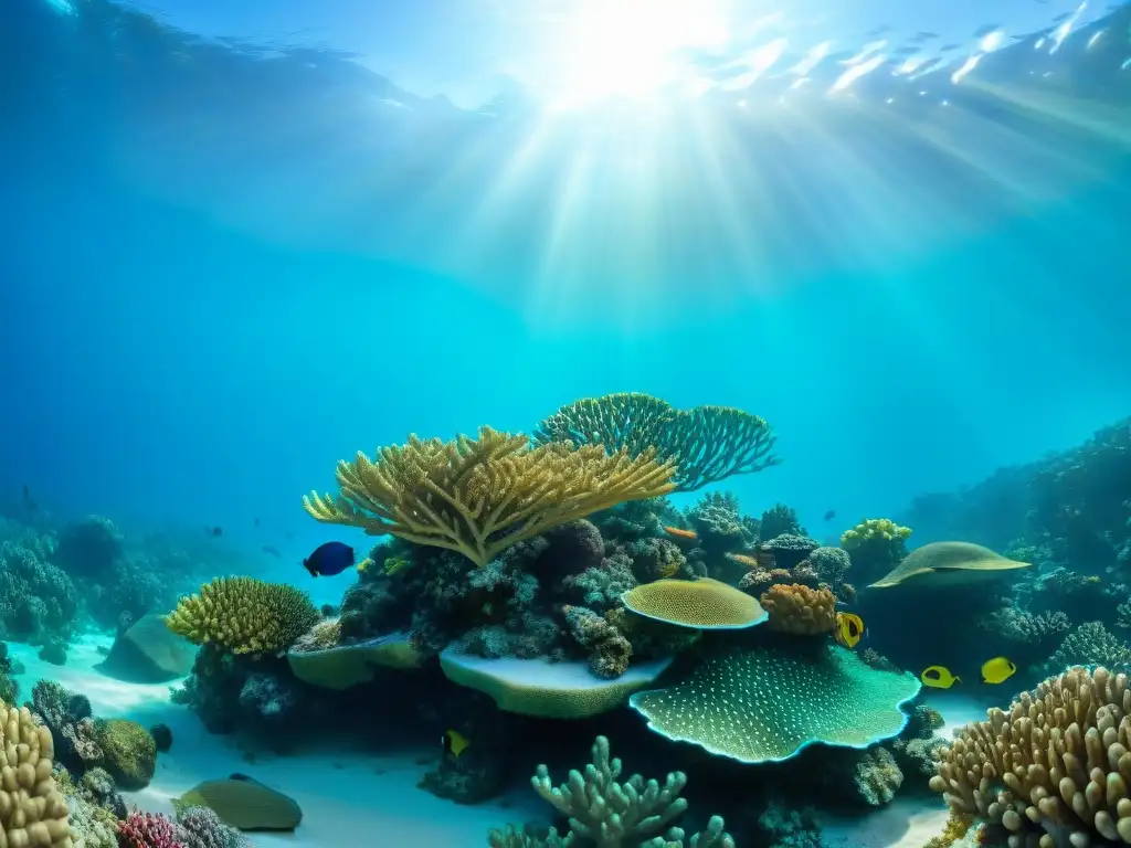 Arrecife de coral vibrante: belleza marina en aguas turquesas Un paraíso submarino de arrecife de coral vibrante y peces coloridos, iluminado por la luz del sol