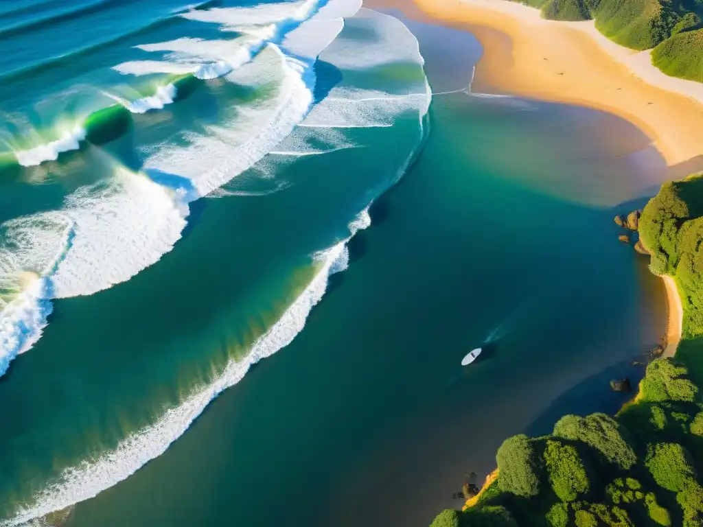 Paraíso surfero al atardecer: olas, surfistas y naturaleza Un paraíso de surf con olas perfectas, surfistas y un atardecer dorado