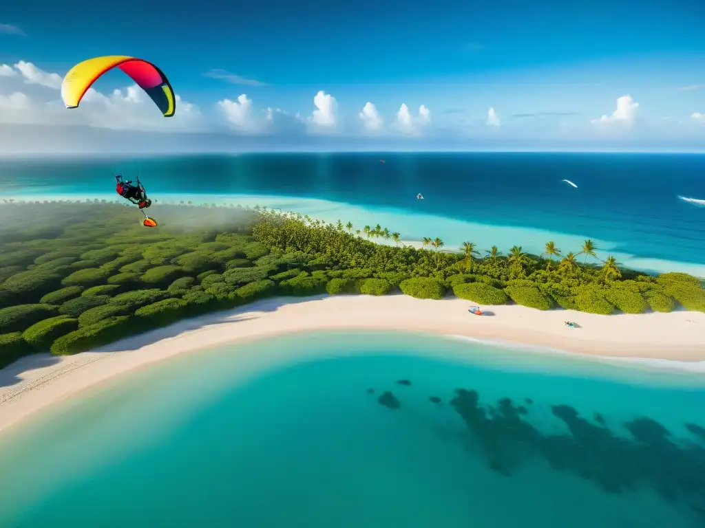 Paraíso kitesurfista: acción y libertad en aguas turquesas Kitesurf en paraíso tropical, con kites coloridos sobre aguas azules y playas doradas, en uno de los mejores spots de kitesurf costeros