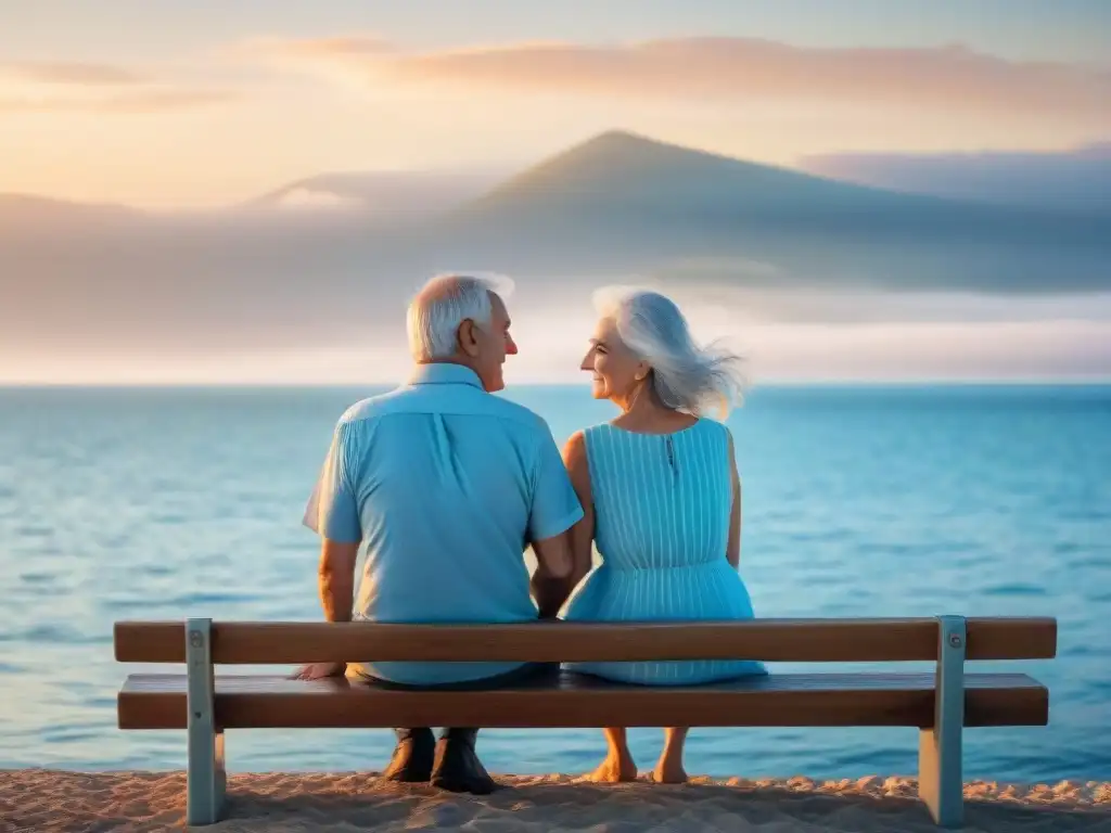 Amor eterno: pareja de ancianos contemplando el mar al atardecer Una pareja de ancianos disfruta de los beneficios antienvejecimiento de vivir junto al mar, contemplando el atardecer sereno