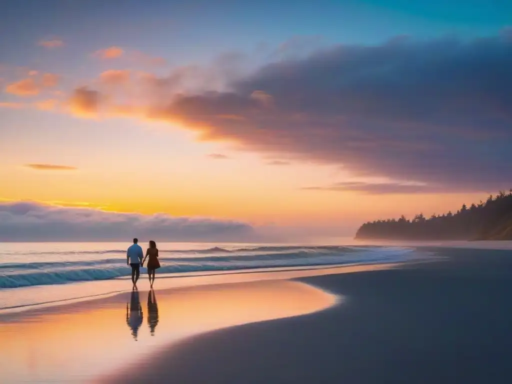 Tranquilidad costera al atardecer: romance en la playa Pareja caminando al atardecer en una playa tranquila con casas costeras y cielo colorido