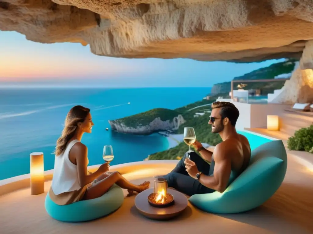 Refugio costero de lujo: cueva en acantilados con vistas al mar Una pareja disfruta de una casa cueva costera de lujo al atardecer, rodeada de aguas turquesa cristalinas