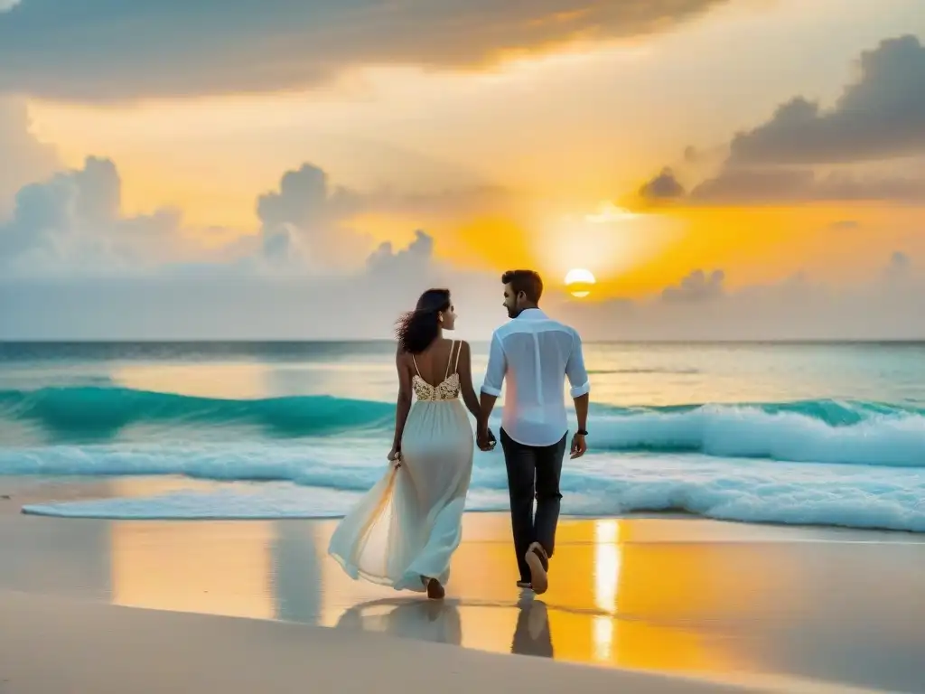 Romance y elegancia en la playa al atardecer en Maldivas Una pareja elegante camina de la mano al atardecer en la playa de las Maldivas