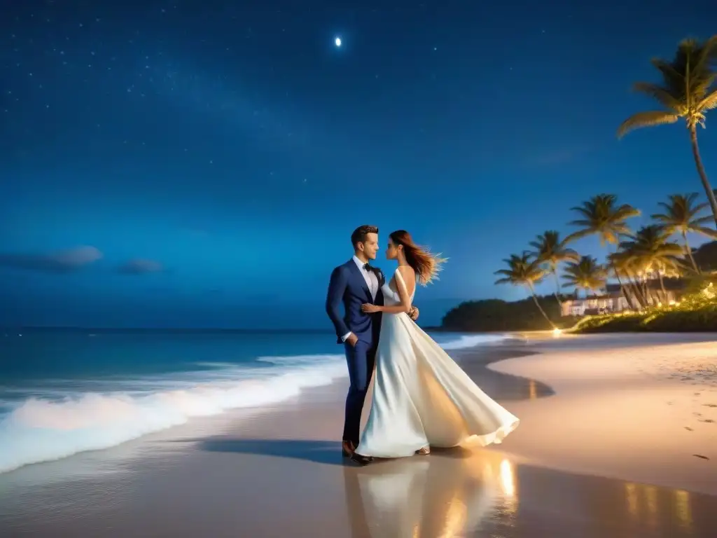 Romántica pareja en la playa bajo la luna llena Una pareja glamorosa camina por la playa bajo la luna, él en traje azul y ella en vestido de seda, en un resort costero