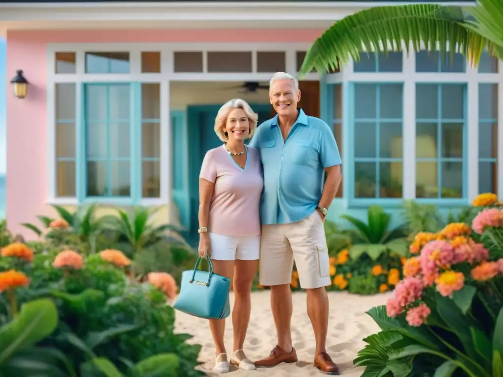 Retiro feliz: pareja madura frente a casa renovada en la playa Una pareja madura feliz frente a su casa renovada en la playa, rodeados de naturaleza exuberante y flores tropicales