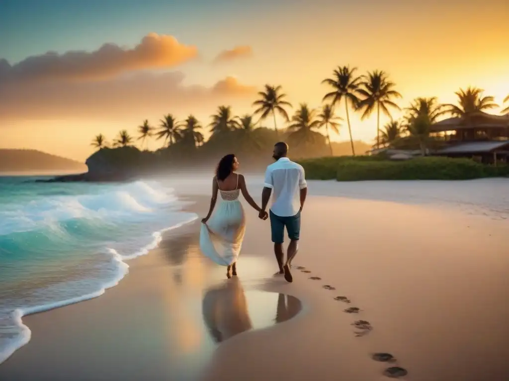 Resplandeciente propiedad frente al mar al atardecer Una pareja camina de la mano hacia el mar al atardecer en una lujosa propiedad frente a la playa, ideal para casas de playa en venta