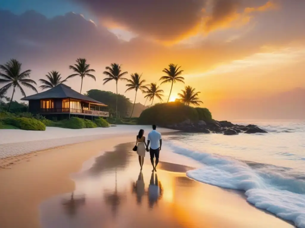 Romántico atardecer en playa privada con pareja caminando al borde del mar Una pareja camina de la mano en una playa al atardecer, con el mar y una villa de fondo