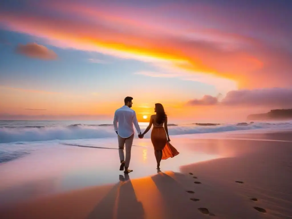 Propuesta de matrimonio en la playa al atardecer Pareja caminando de la mano en una playa al atardecer con propuesta de matrimonio en la playa