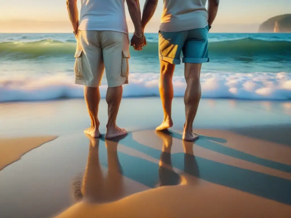 Romance eterno: pareja de ancianos disfrutando el atardecer en la playa Una pareja mayor camina descalza por la playa al atardecer, reflejando los beneficios antienvejecimiento de vivir junto al mar
