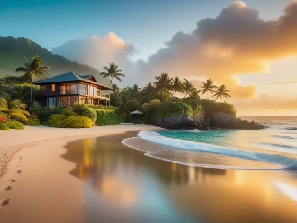 Resplandeciente atardecer en exclusiva villa frente al mar Pareja caminando en playa privada al atardecer, reflejando luces doradas en lujosa villa costera, propiedades costeras premium protección