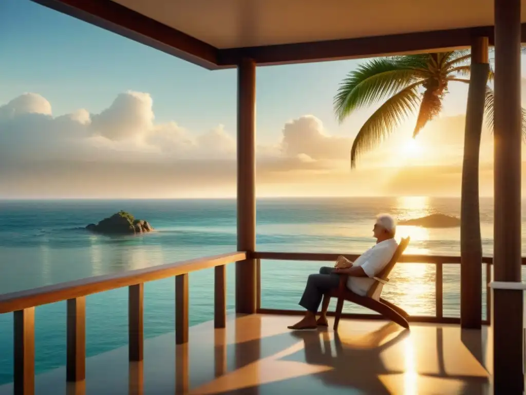 Retiro junto al mar: Maria y Jose disfrutan del éxito Una pareja disfruta del retiro dorado en una casa de playa, planeando ingresos al atardecer