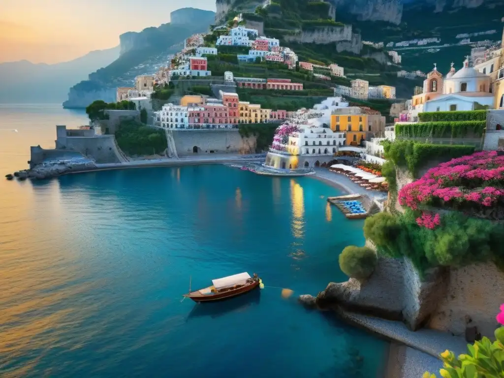 Puesta de sol en la Costa Amalfitana: Romance y Belleza Pareja paseando por la romántica Costa Amalfitana al atardecer, rodeados de coloridos edificios y el mar azul sereno