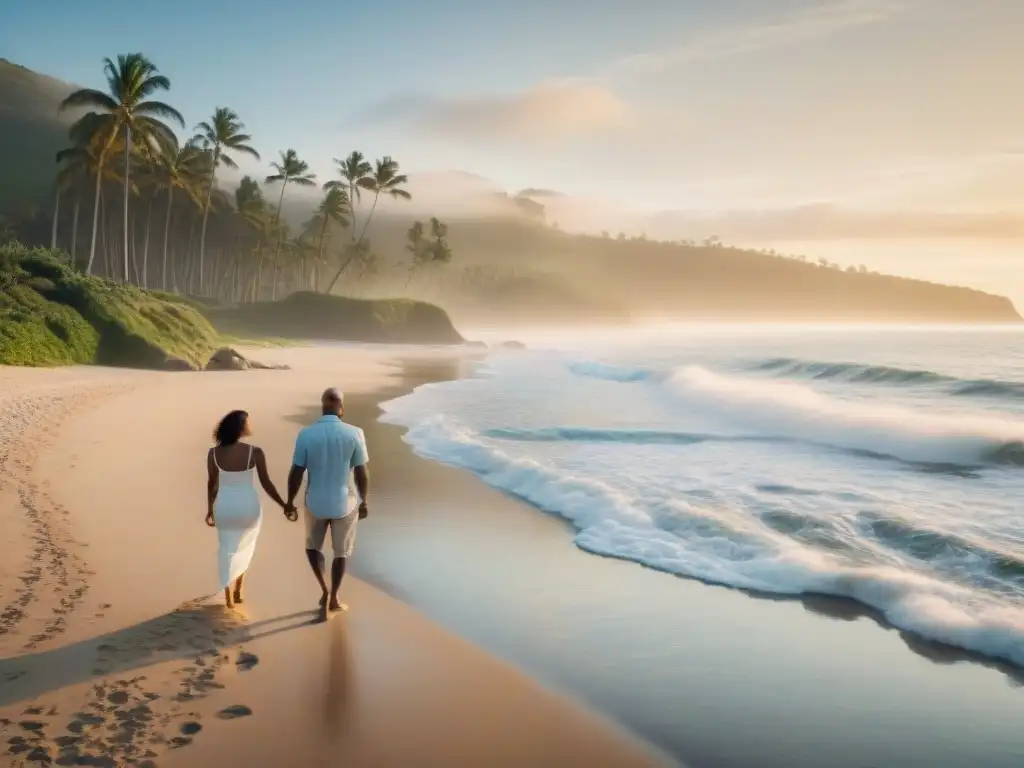 Romántico amanecer costero para parejas en sus 50s Pareja en preRetiro disfruta de la serenidad del amanecer en la costa con palmeras