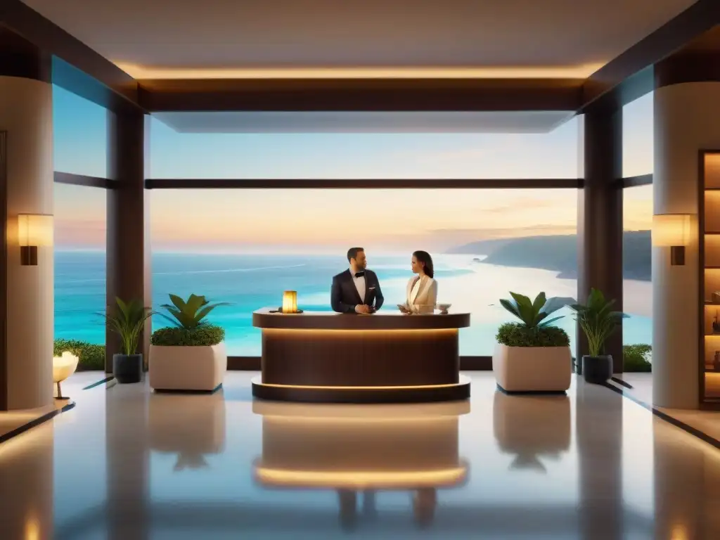 Atardecer de lujo: Conserje en lobby de hotel costero Una pareja sonriente recibe asistencia en un lujoso lobby costero al atardecer