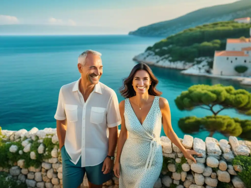 Pareja feliz en terraza frente al mar en Dalmacia Una pareja sonriente disfruta de la vista del mar Adriático desde una terraza de piedra en Dalmacia