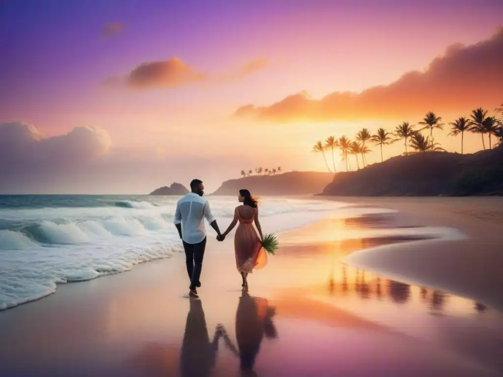Pareja en playa al atardecer: amor y tranquilidad en silueta Una pareja camina tomada de la mano en una playa solitaria al atardecer, con el mar y un cielo de tonos cálidos