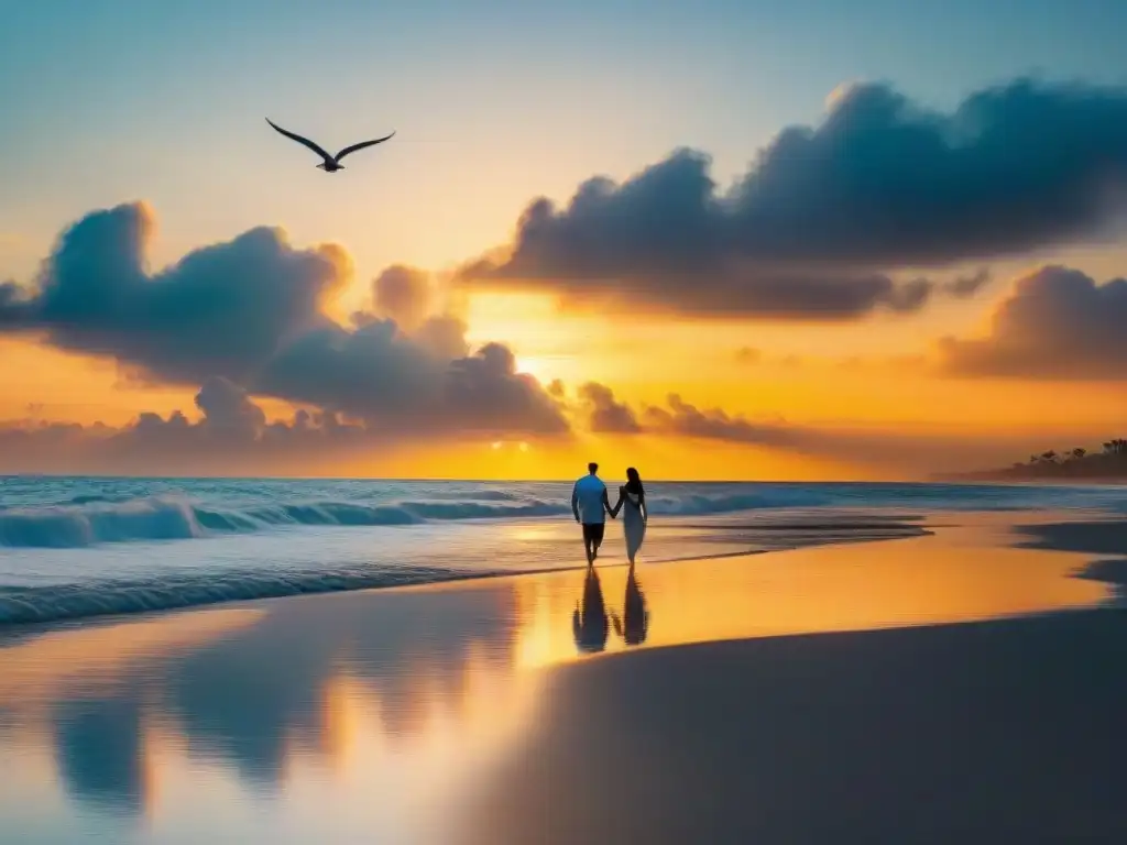 Puesta de sol romántica en la playa: amor y serenidad en el horizonte Una pareja disfruta de la vida junto al mar al atardecer, en una playa tranquila