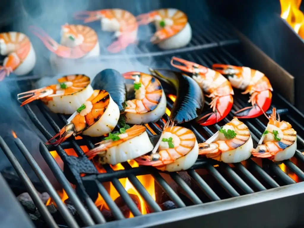 Delicias del mar a la parrilla: frescura y sabor costero Una parrilla costera experta, con mariscos frescos, carnes doradas y marinadas brillantes bajo el sol, capturando sabores y técnicas