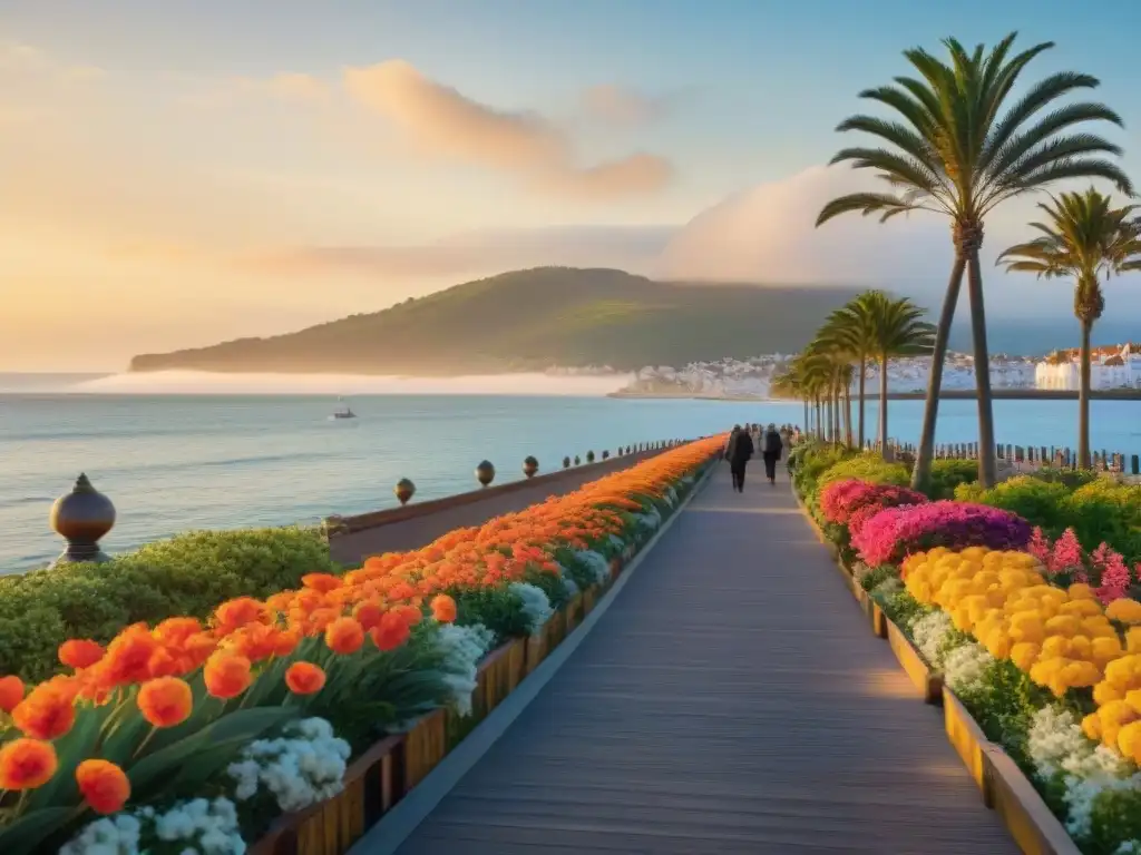 Paseo costero al atardecer: diversidad y serenidad junto al mar Un paseo costero sereno con diversidad de personas disfrutando del mar al atardecer