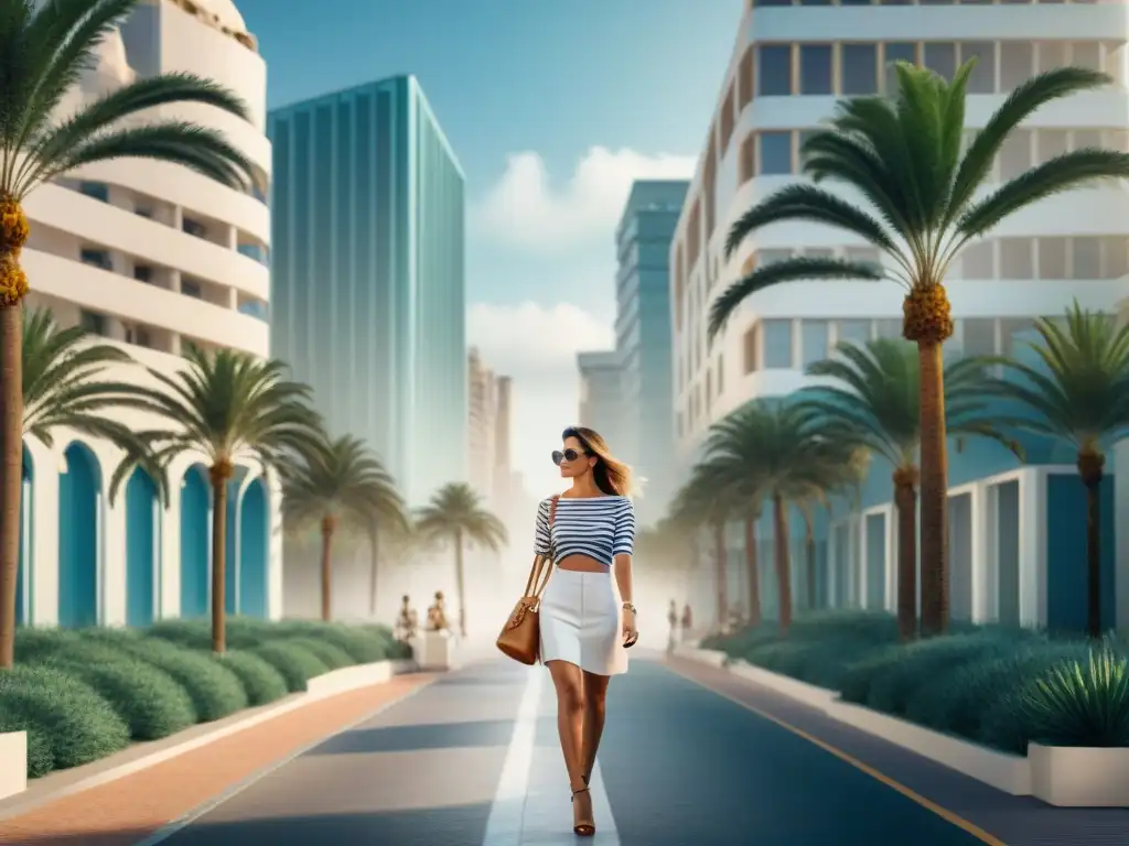 Estilo costero urbano: moda y palmeras en la ciudad Un paseo por la moda costera street style marítimo bajo palmeras y edificios modernos