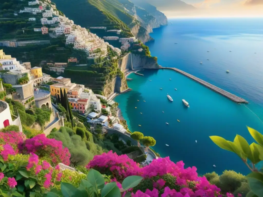 Positano: Romance y encanto en la costa amalfitana Un paseo romántico por la Costa Amalfitana: Parejas disfrutan del encanto de Positano al atardecer, rodeados de coloridas villas y aguas turquesas