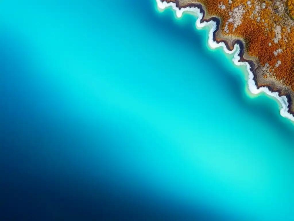Patrones de sal en roca junto al mar turquesa Patrones de sal cristalina en roca bañada por el sol junto al mar turquesa, destacando la pureza del agua marina y los beneficios para la piel