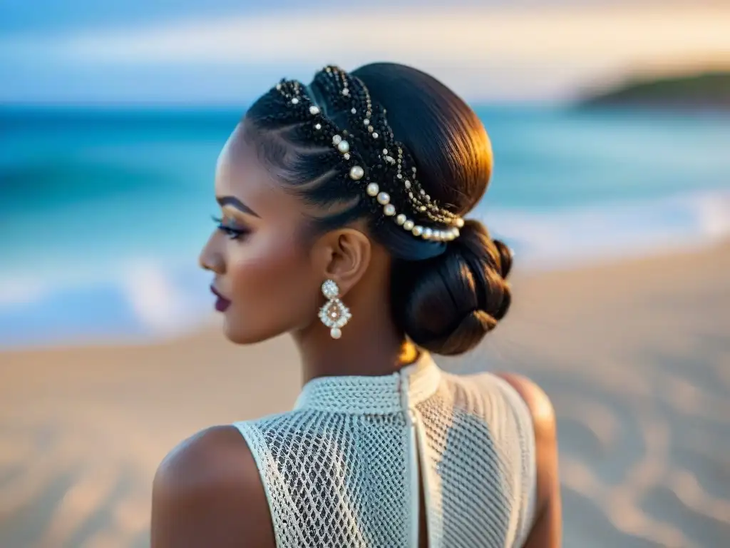 Peinado de lujo con perlas y cristales en la playa al atardecer Peinado elegante con trenzas, perlas y cristales, en una playa al atardecer