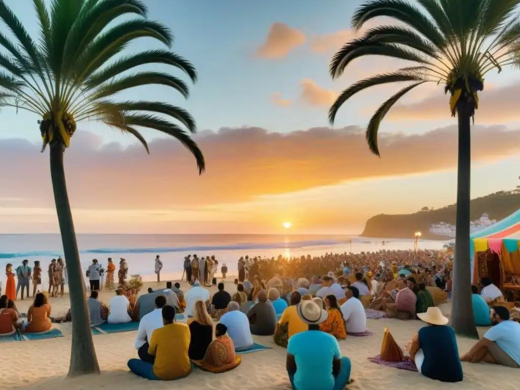 Festival costero: música, artesanías y atardecer dorado Pequeños festivales costeros: comunidad diversa disfruta música y artesanías bajo un cálido atardecer playero