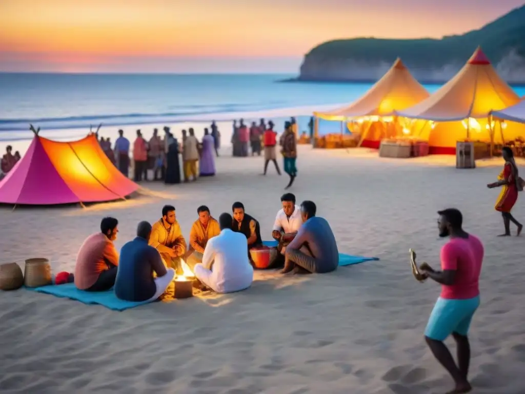 Música costera y artesanía: festival vibrante al atardecer Pequeños festivales costeros joyas culturales: Música tradicional, artesanías y baile al atardecer en la playa