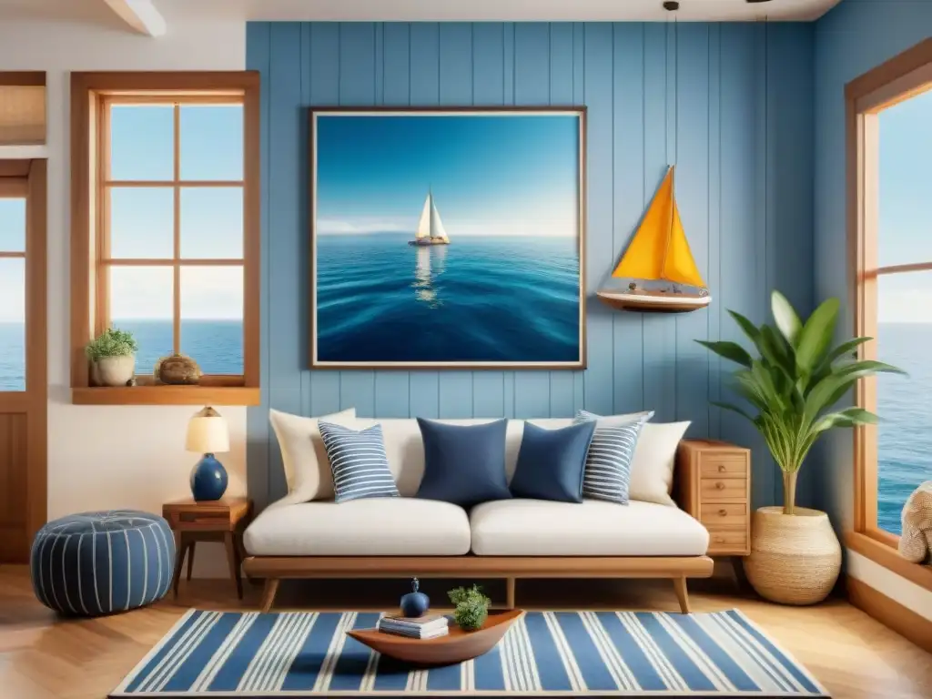 Acogedor salón náutico en apartamento pequeño con detalles marineros Inspiración náutica decoración apartamentos pequeños: Sala acogedora con elementos marinos en un pequeño apartamento