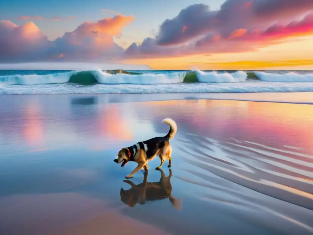 Puesta de sol costera con perros jugando en la playa Dos perros jugando en la playa al atardecer con gaviotas volando
