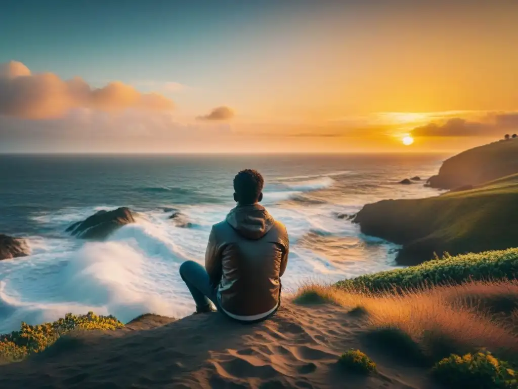 Tranquilidad al atardecer: éxito en propiedad costera Persona observando el atardecer en propiedad costera, reflejando éxito y transformación