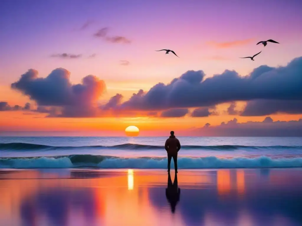 Puesta de sol serena en la costa: belleza y tranquilidad Persona contemplando un atardecer sereno en la costa, reflejado en el mar