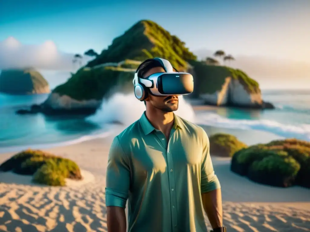 Realidad virtual en la playa: inmersión total en propiedades costeras Persona con auriculares de realidad virtual en playa virtual con propiedad costera de lujo al fondo