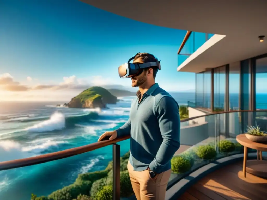 Realidad virtual en balcón frente al mar: experiencia inmersiva Persona con auriculares de Realidad Virtual en balcón con Vistas al mar, explorando propiedad playera