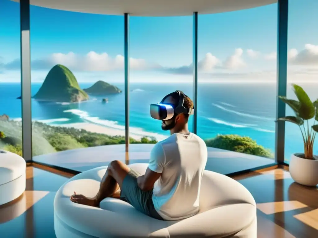 Realidad virtual: lujo frente al mar en 8k Persona usando auriculares de Realidad Virtual con vistas al mar en sala futurista
