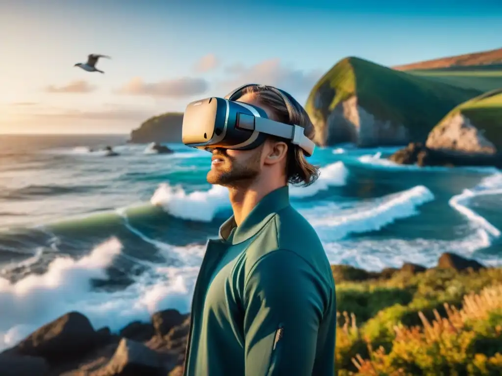 Realidad virtual inmersiva en propiedad costera Persona usando auriculares de realidad virtual con visualización en 3D de propiedades costeras, paisaje costero de fondo