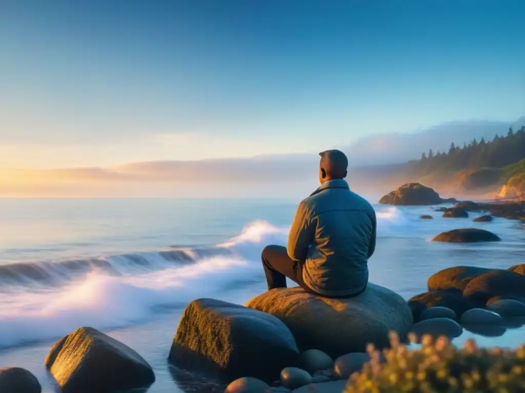 Contemplación en la costa: serenidad frente al mar Persona contemplativa en la costa, con el mar de fondo y cielo azul