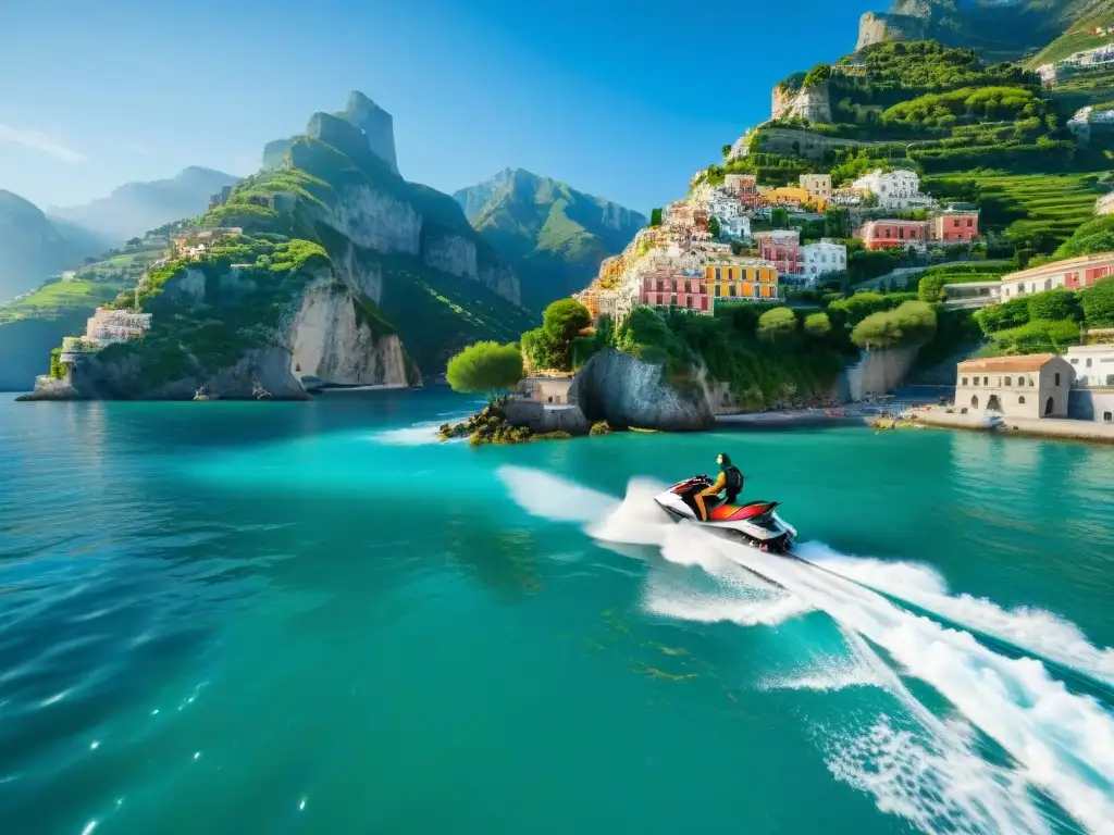 Emoción en la Costa Amalfitana: Jet Ski entre acantilados Persona en jet ski en la Costa Amalfitana, aguas turquesas y acantilados coloridos