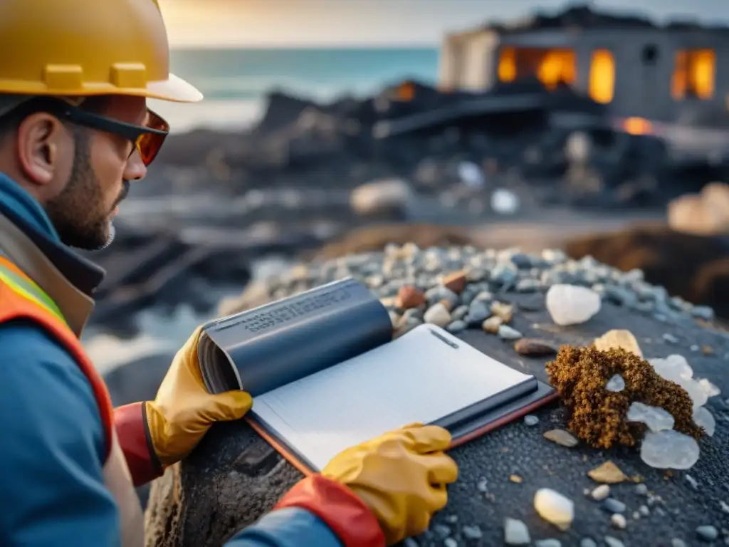 Inspección detallada de daños por desastre natural en costa Persona documentando daños por desastre natural en la costa, tomando notas entre escombros