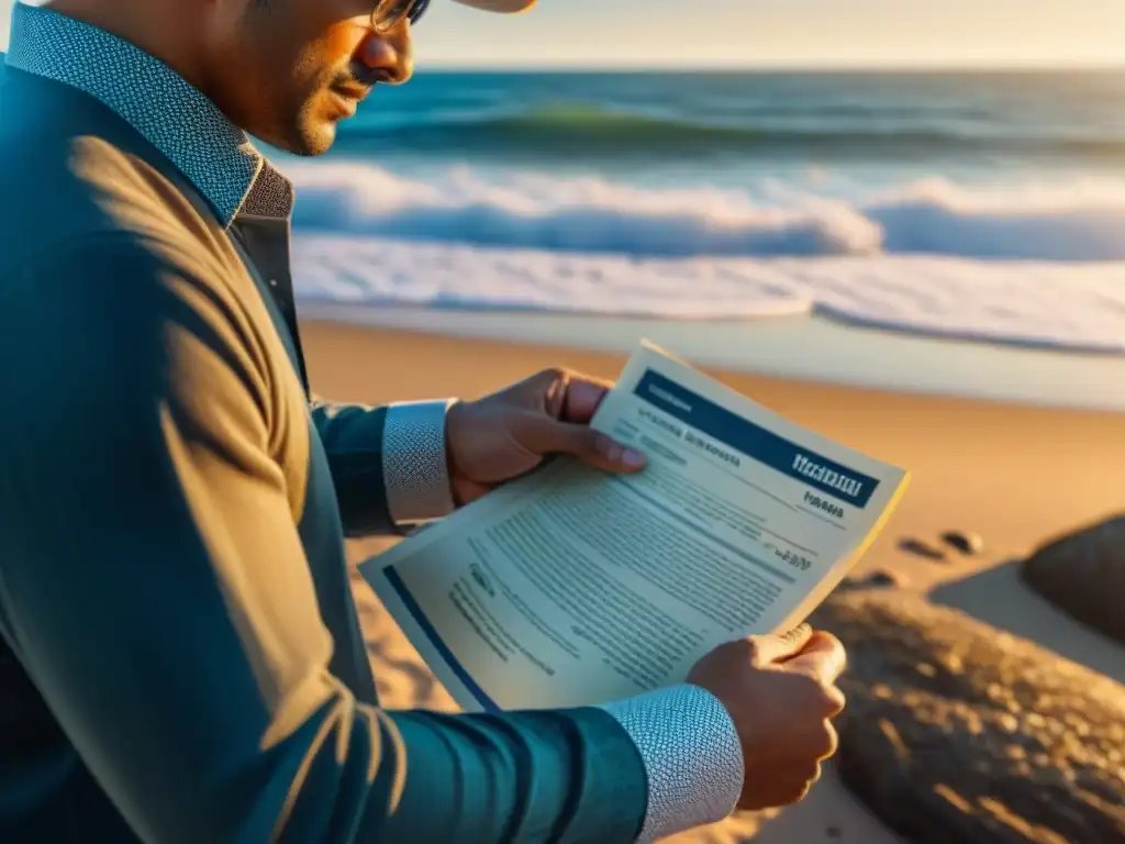 Revisión minuciosa de documentos: crucial en préstamos costeros Persona revisando minuciosamente documentos de préstamos costeros frente al mar, destacando la importancia de la documentación detallada