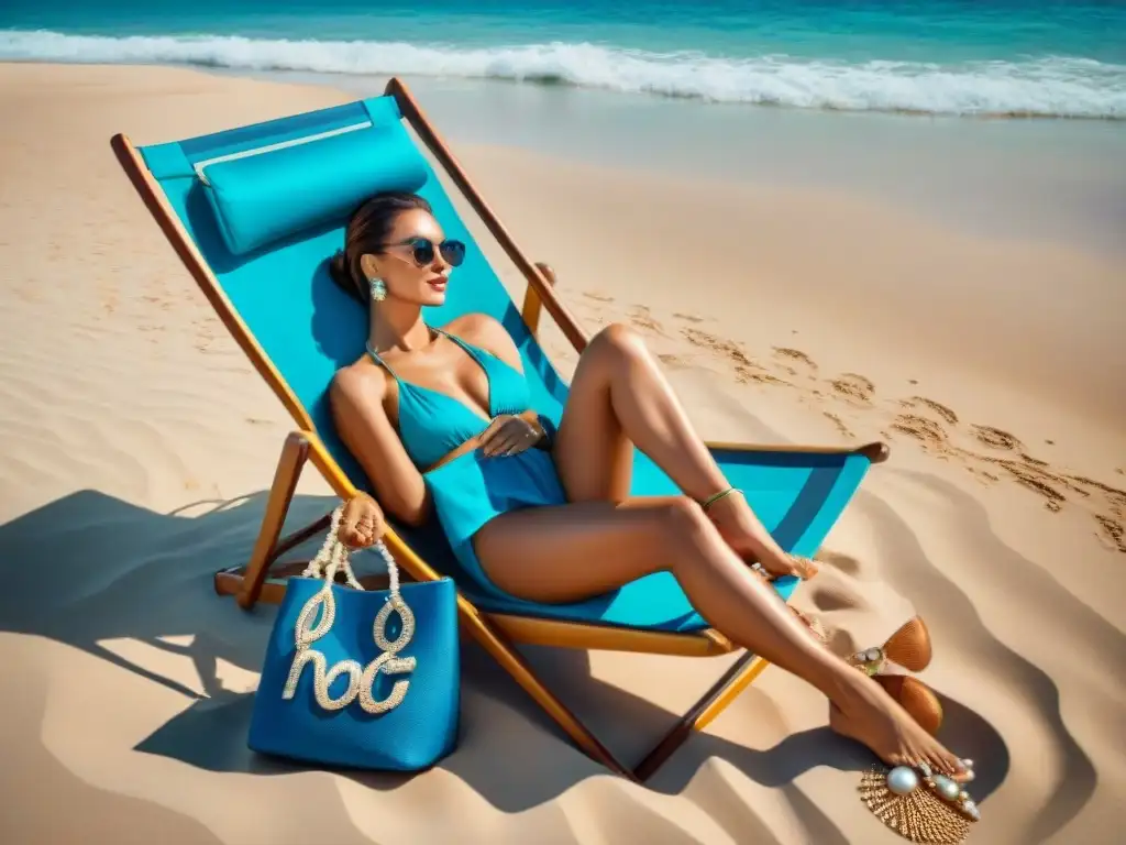 Elegante descanso en la playa: lujo y estilo Persona elegante con accesorios de alta gama en una playa lujosa