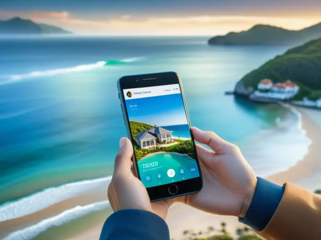 Búsqueda de casa frente al mar: tecnología y naturaleza se fusionan Persona emocionada usando una app inmobiliaria en la playa, buscando su hogar ideal