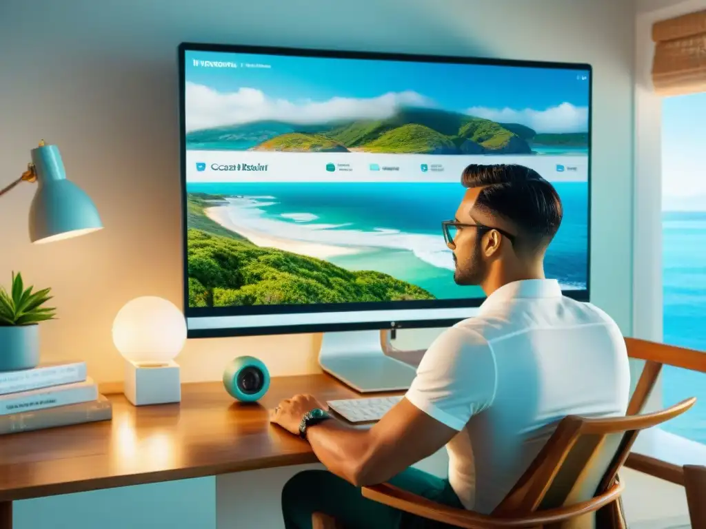Búsqueda eficiente de alquileres costeros: ajustando filtros con atención Persona enfocada ajustando filtros de búsqueda propiedades costeras en computadora, con decoración costera sutil