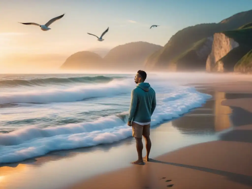 Práctica de meditación en la costa al amanecer Persona practicando respiración frente al mar al amanecer, rodeada de calma y paz