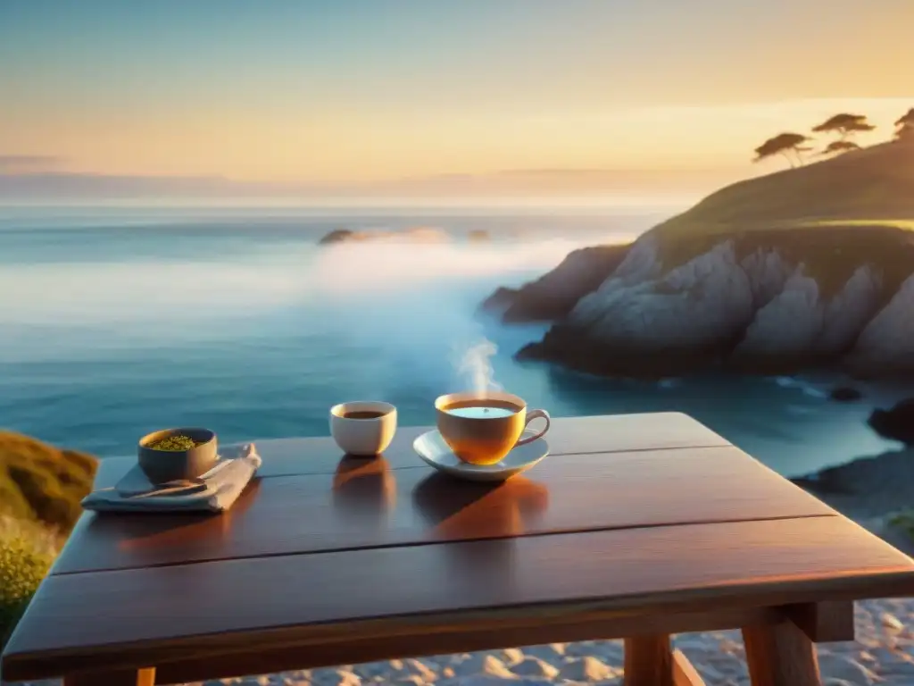 Ocaso sereno: persona disfrutando de infusión frente al mar Persona disfrutando de infusiones costeras para relajarse al atardecer junto al mar
