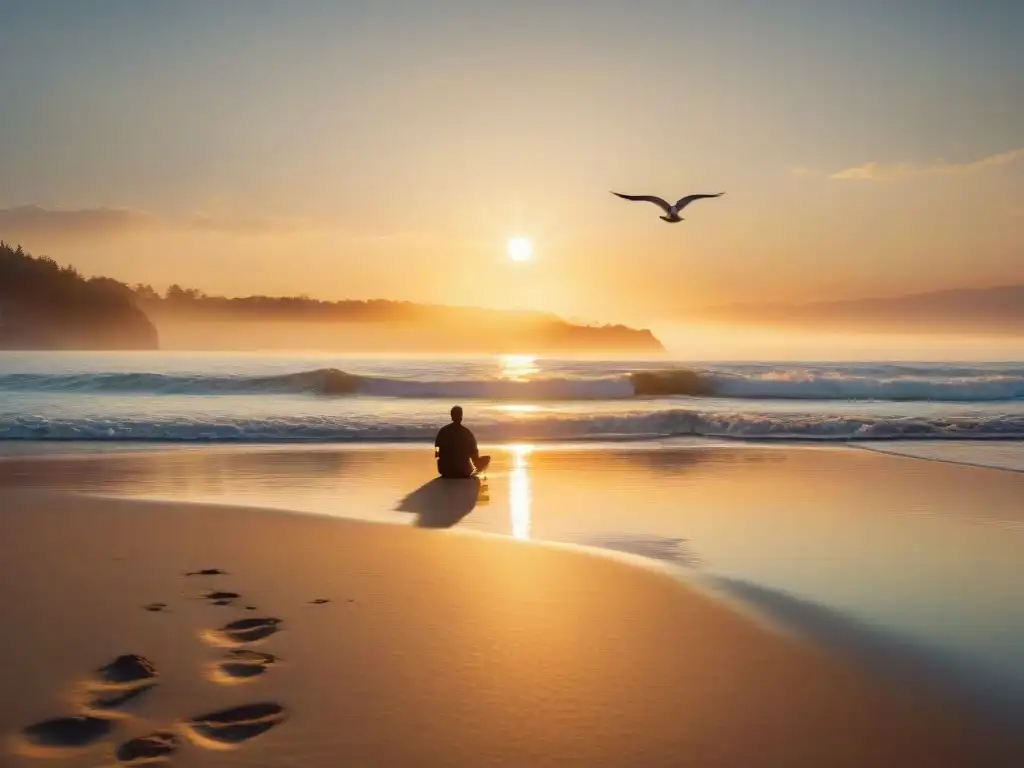 Puesta de sol en la playa: serenidad y calma “Persona contemplando el mar al atardecer en una playa serena, transmitiendo beneficios salud mar proximidad