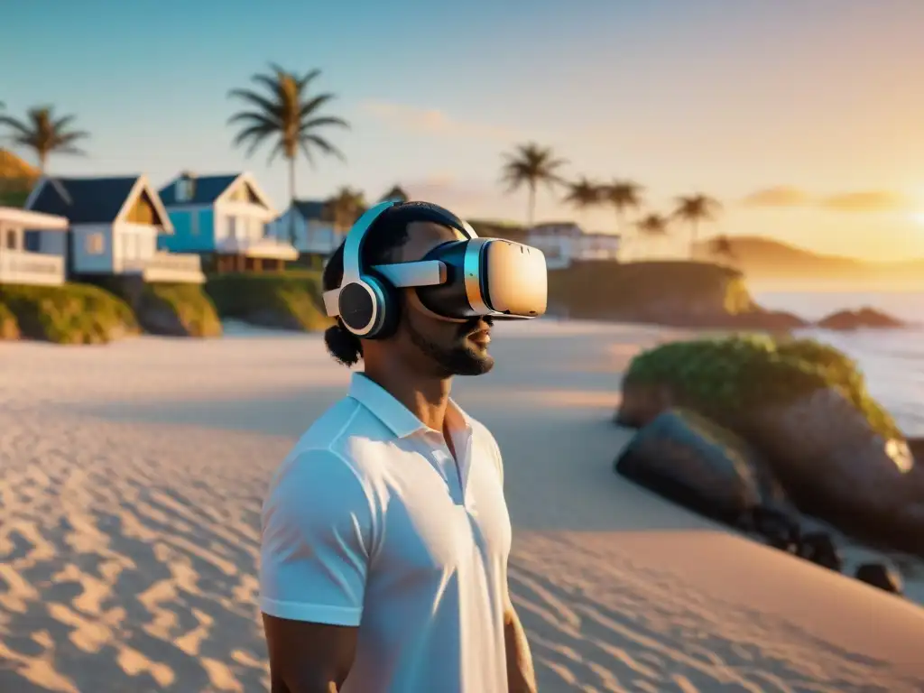 Realidad virtual en playa paradisíaca: asombro y maravilla Persona maravillada con propiedades costeras en realidad virtual en una playa virtual al atardecer