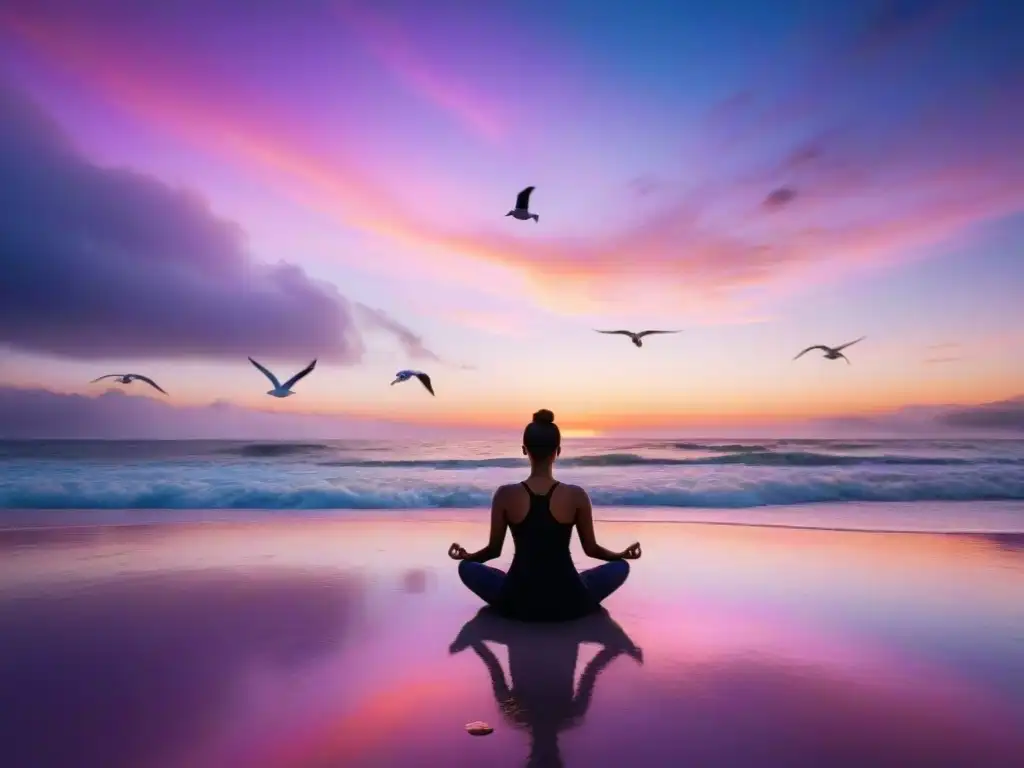 Paisaje de playa al atardecer para meditar Persona meditando en la playa al atardecer, mejora bienestar con colores tranquilos y gaviotas volando
