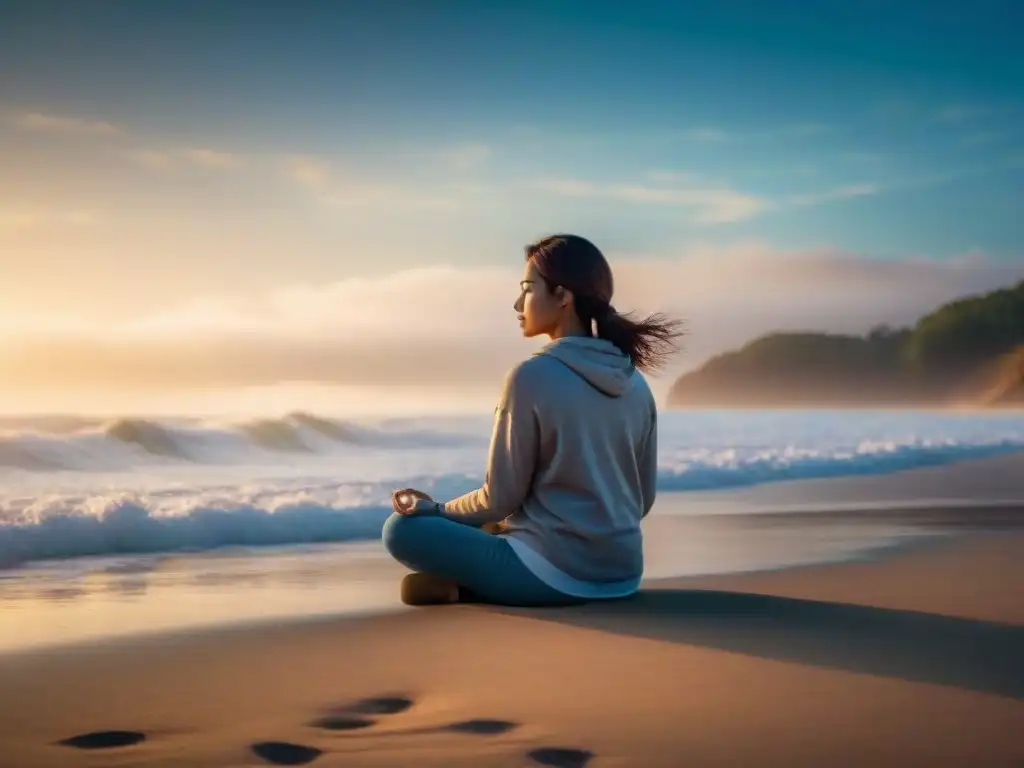 Meditación al amanecer en la playa: paz y serenidad Persona meditando al amanecer en la playa, practicando mindfulness en entornos costeros